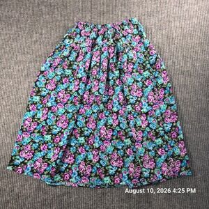 Vintage CB Floral Midi Skirt Womens 8P Purple Teal Elastic Waist Made in USA